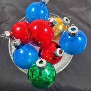 8 Mercury Glass Christmas Tree Ornaments Solid Red Blue Green Gold Solid Cap Vtg